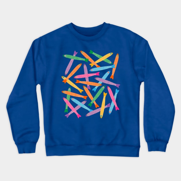 ANCHOVIES Bright Graphic Fun Groovy Fish in Rainbow Colors on Royal Blue - Tossed Layout - UnBlink Studio by Jackie Tahara Crewneck Sweatshirt by UnBlink Studio by Jackie Tahara